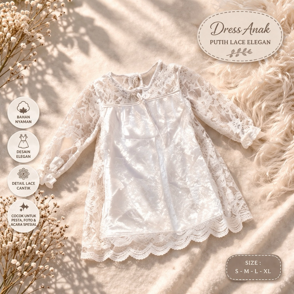Gaun Anak Putih Lace Elegan | Dress Anak Pesta Lengan Panjang
