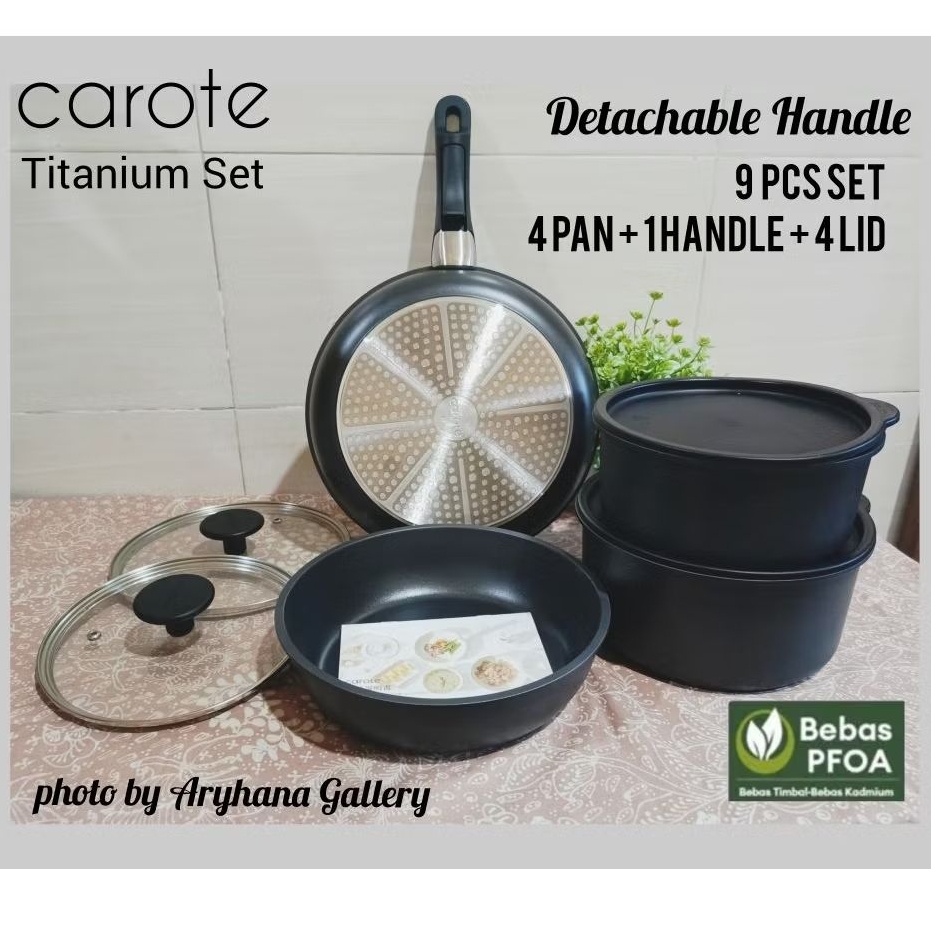 CAROTE Original 9 pcs set Detachable Handle Peralatan Masak Lapisan Titanium Anti Lengket Gagang Lep