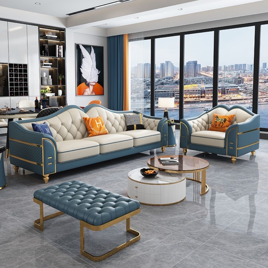 Sofa Mewah Bergaya Italia, Set Sofa Kulit 1+2+3, Kombinasi Sofa kulit Ruang Tamu Amerika