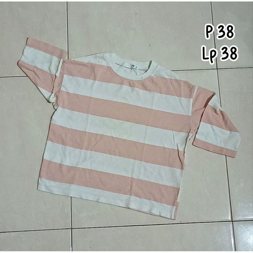 PL - blouse anak perempuan 7-8 tahun salur putih kombinasi salem lengan 7/8 stripe atasan jalan baju