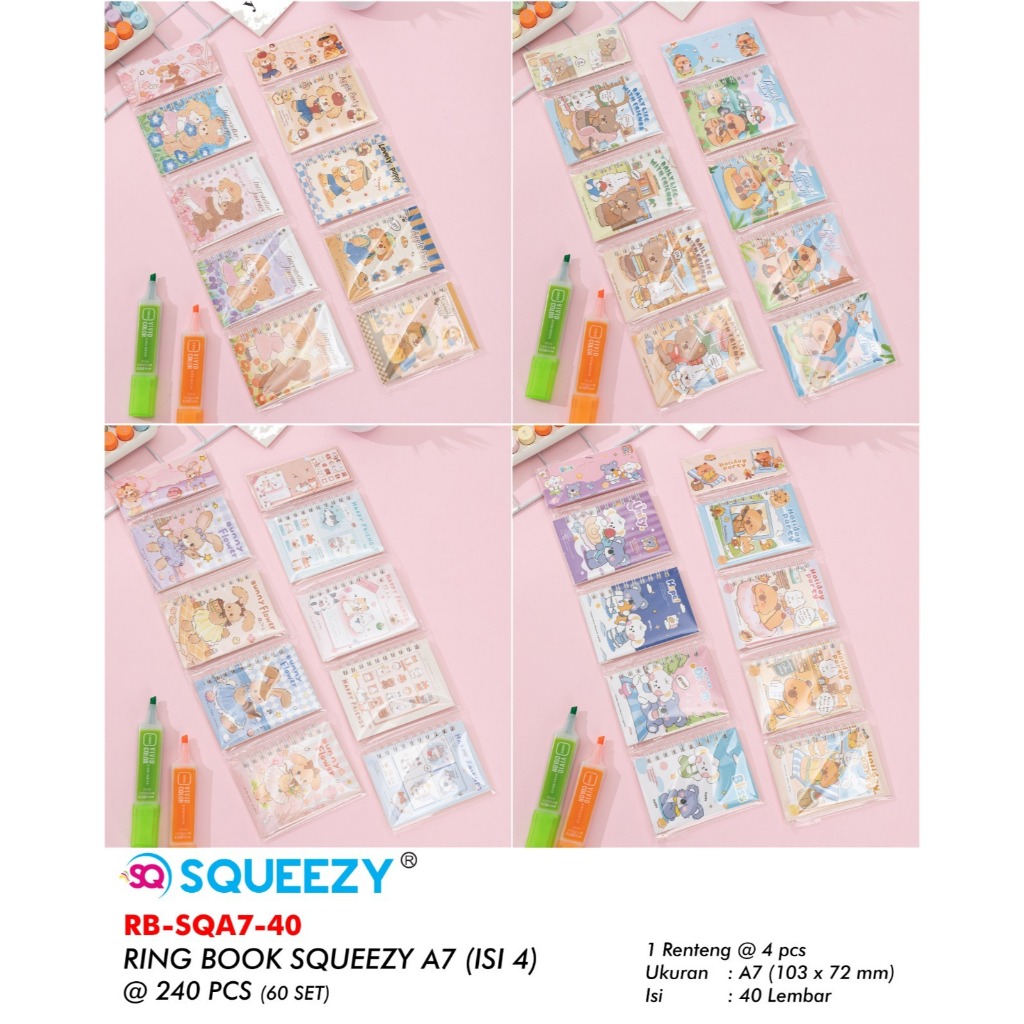 Ring Book SQUEEZY A7 Mini Cute Notebook Isi 4 | Binder Mini A7 Karakter Lucu | RB-SQA7-40