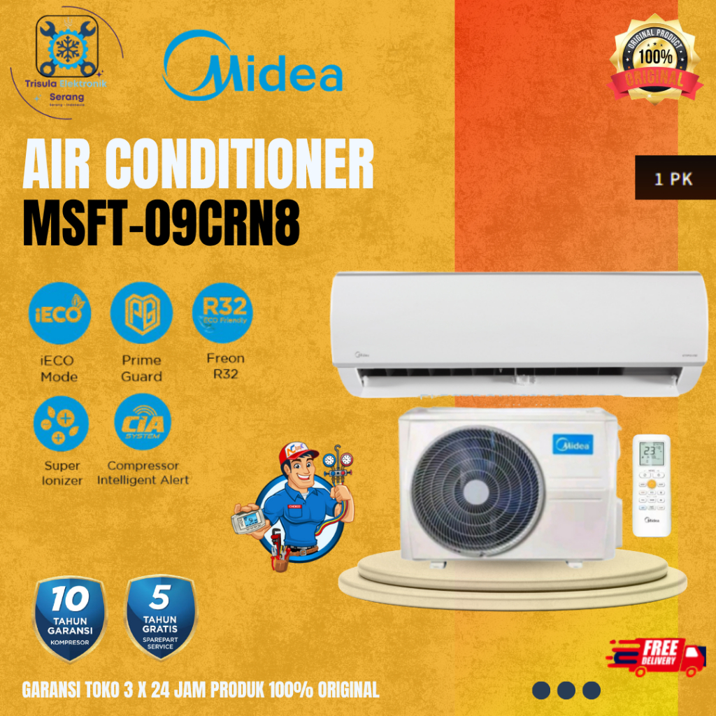 Midea Ac 1PK MSFT09CRN8, Air Conditioner Split 0.5PK Low Watt R32 Pendinganan Cepat - Plus Pasang