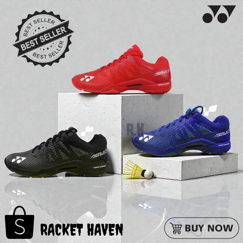 YONEX Aerus 3 Power Cushion Sepatu Badminton Ringan Stabil Synthetic 38-44 Merah Biru Hitam