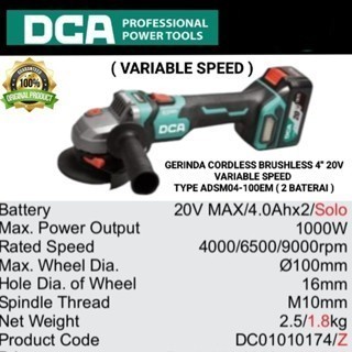 DCA gerinda cordless brushless 4" 20V jaminan asli original