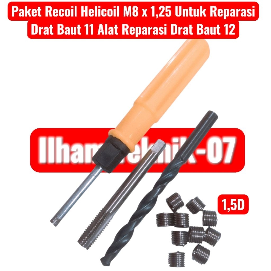 Paket Recoil Helicoil M8 x 1,25 Untuk Reparasi Drat Baut 11 Alat Reparasi Drat Baut 12