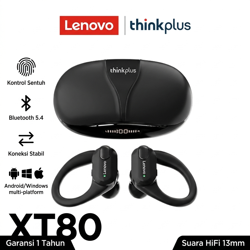 Lenovo ThinkPlus XT80 Earphone Bluetooth Kompatibel Semua Sistem, Rapat Zoom Tanpa Gangguan, Garansi