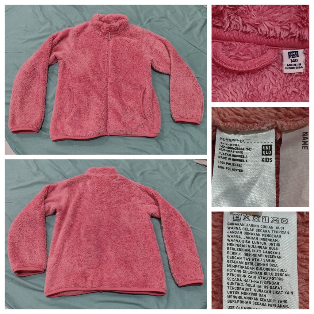 140 Kids Uniqlo Pink Fluffy Yarn Fleece Full-Zip Jacket