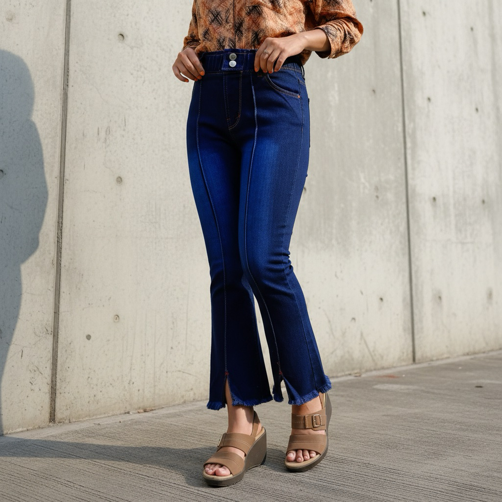 Jeans Wanita Cutbray 7/9 Stretch Tulang Rawis Belah Tengah Fashion Korea