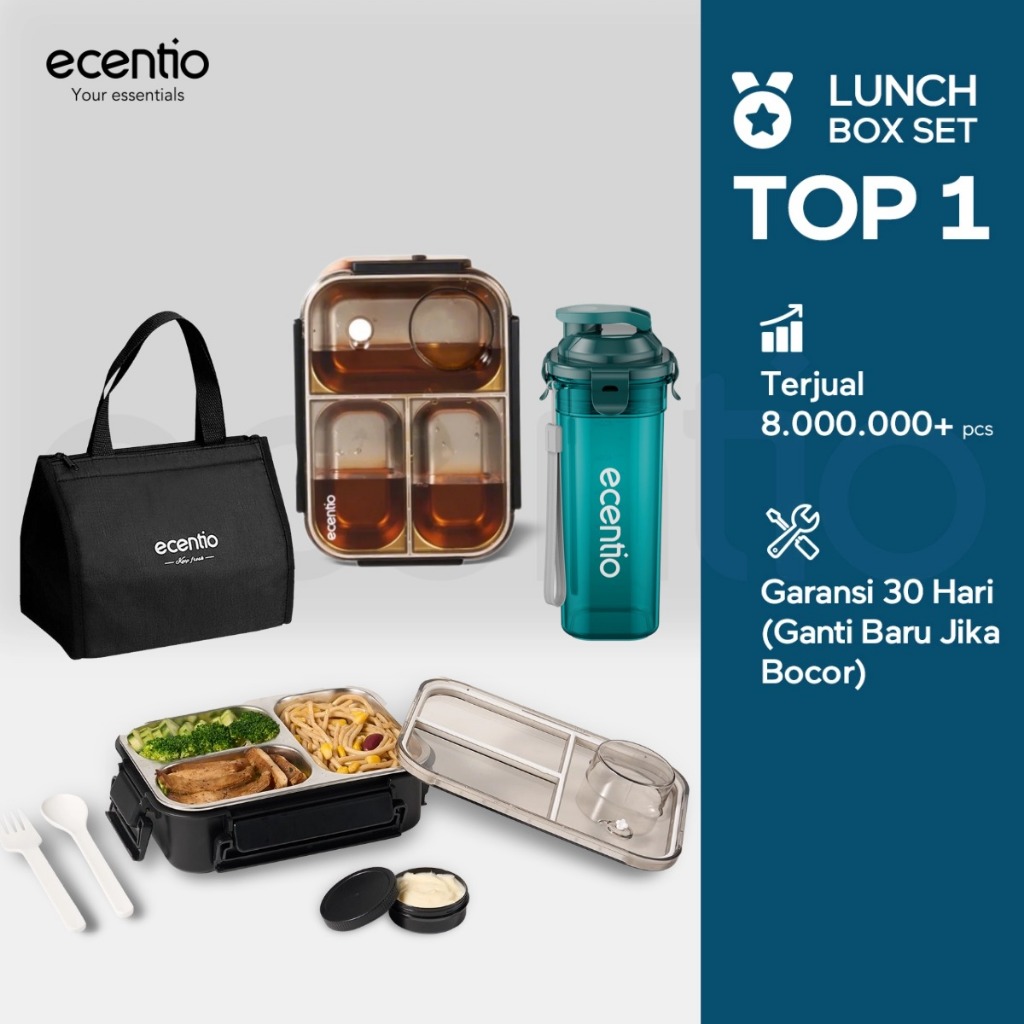 [shop live]ecentio lunch box stainless anti tumpah 800ml + botol 500ml tas sekat 3 dengan sendok fre