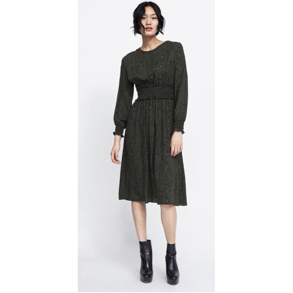 ZARA GREEN LEOPARD PRINTED DRESS