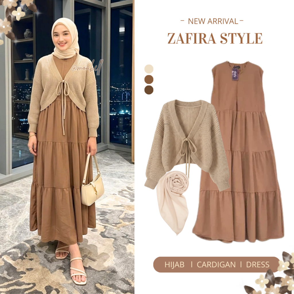 One Set Hijab Style Zafira Outer Cardigan Inner Dress Coksu Hijab Segiempat Setelan Wanita Kekinian 