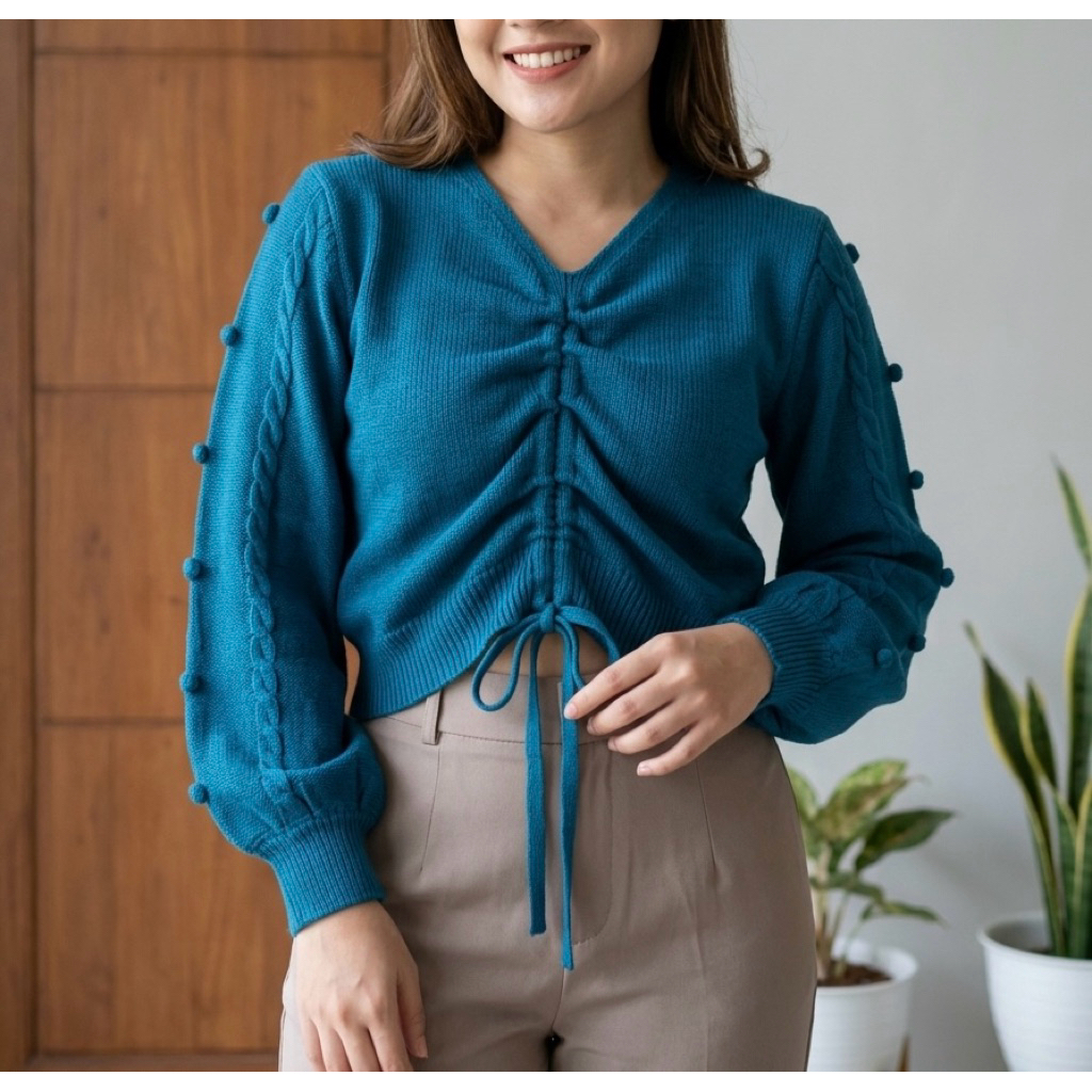 sweater rajut serut crop lengan balon - crop knit sweater emerald blue - sweater lengan balon - knit