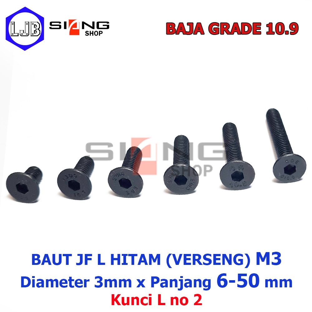 Baut JF L Baja Hitam M3 panjang 6 sd 50mm / Baut Verseng Baja Grade 10.9