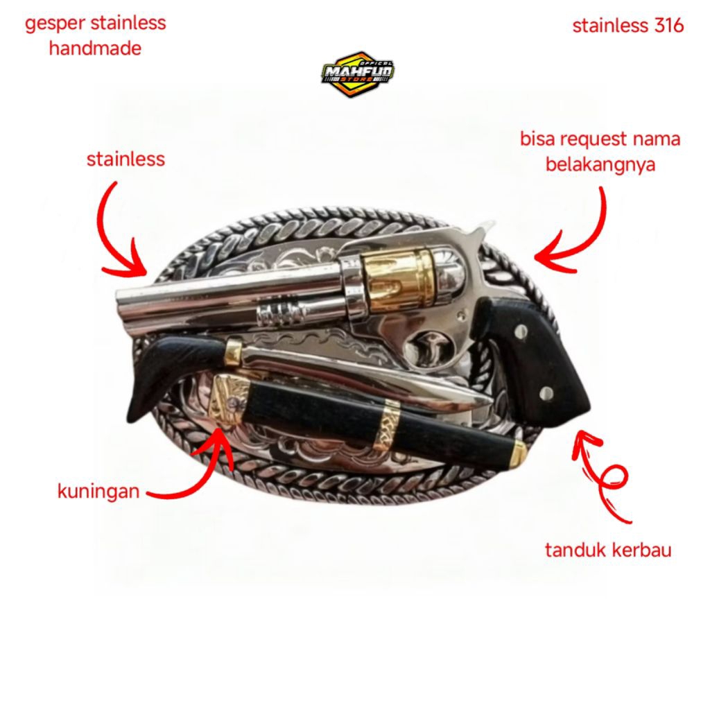 kepala ikat pinggang bahan stainless dan tanduk kerbau motif pistol dan pisau