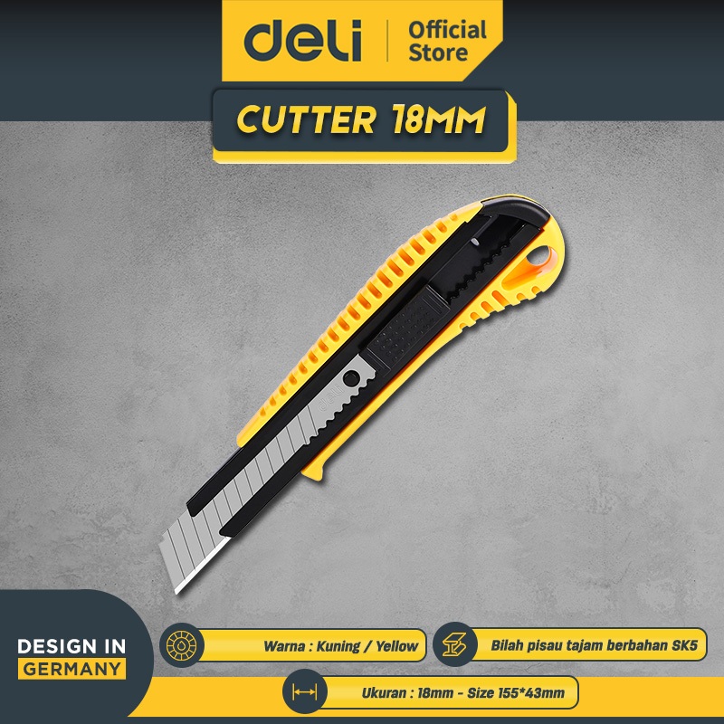 Deli Tools Cutter / Cutter 18mm #18mm,Size 155*43mm #YELLOW
