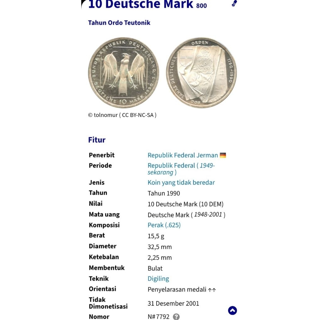 koin perak kuno 10mark germany 1990 J