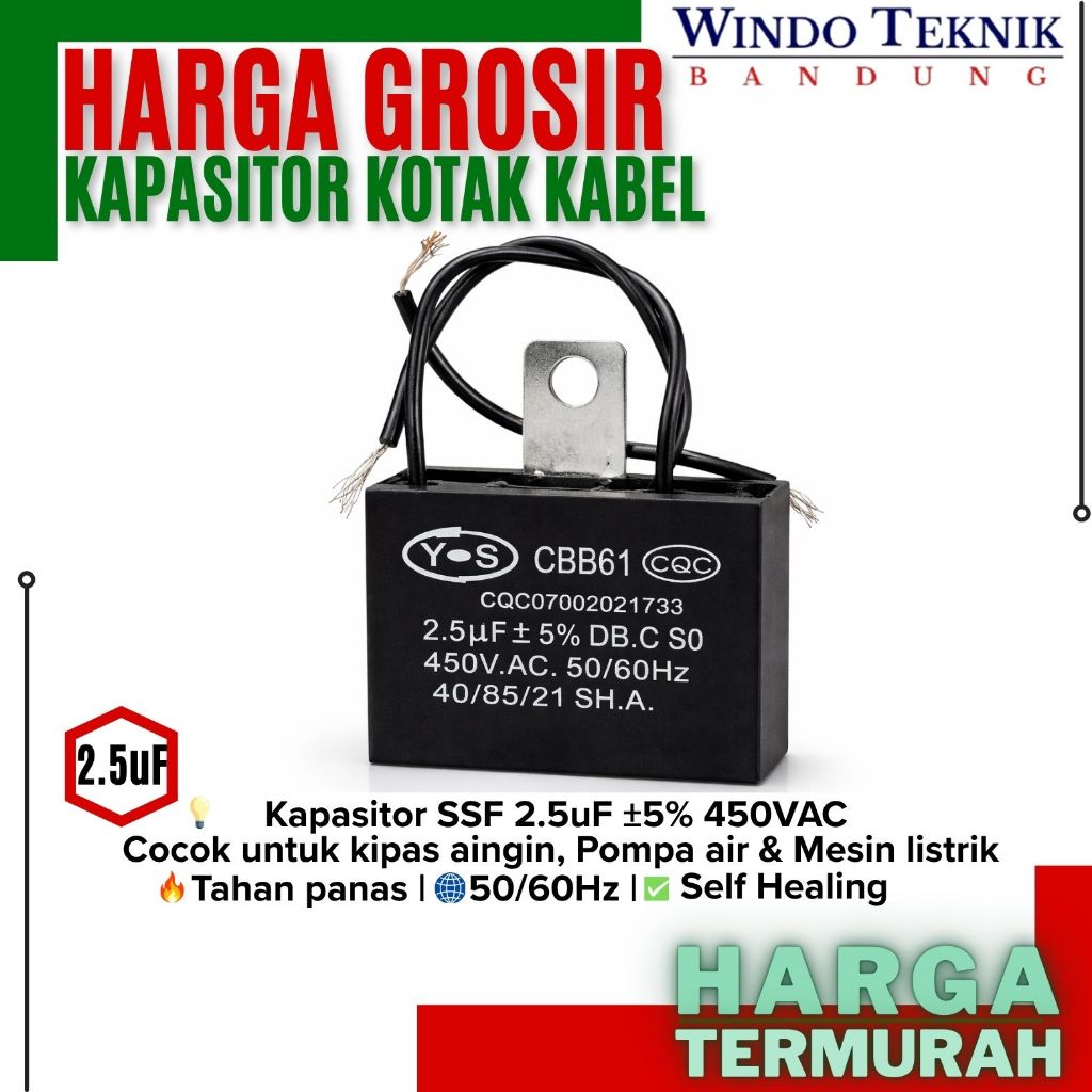 KAPASITOR KOTAK KABEL 2,5UF | KAPASITOR FAN | 2,5 UF | KAPASITOR KOTAK KIPAS ANGIN | KAPASITOR KABEL