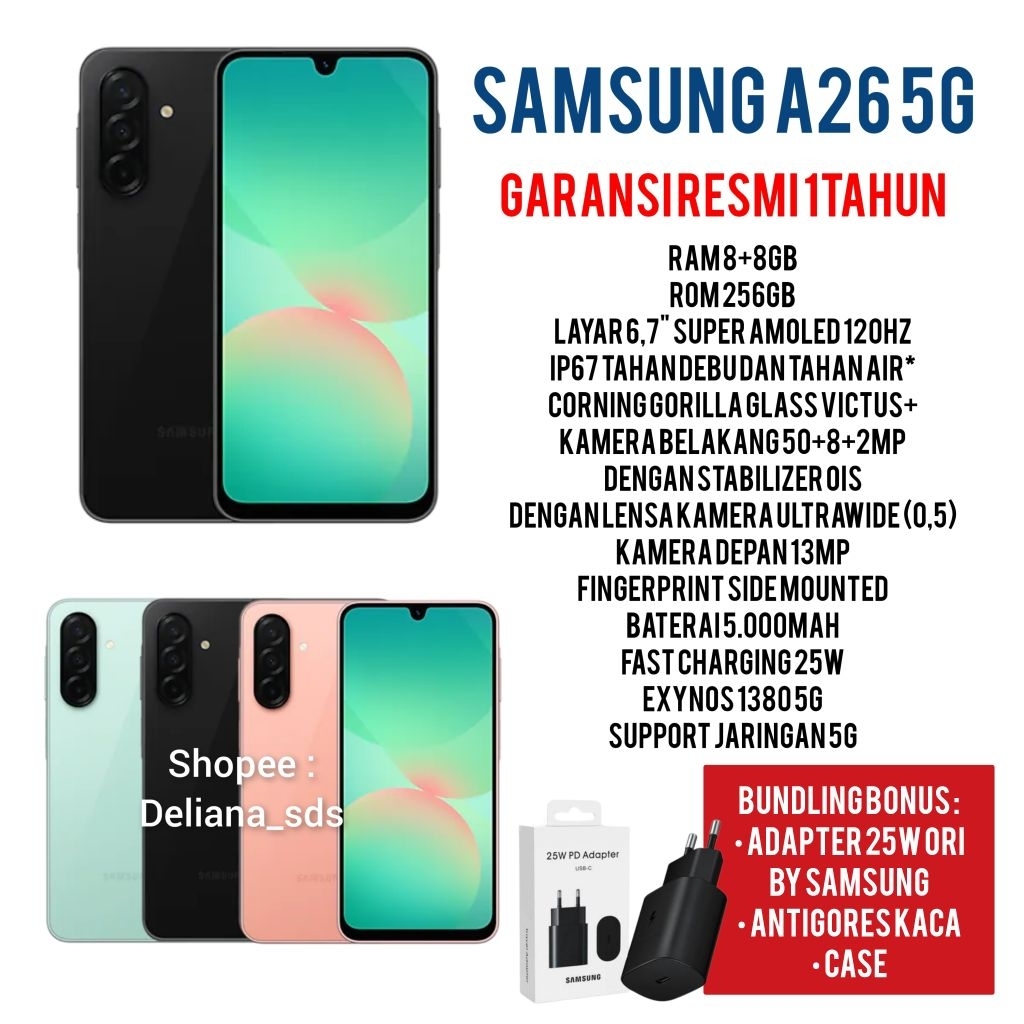 Samsung A26 8/256 8+8/256 16/256 Garansi Resmi 1 Tahun Samsung A26 5G 8/256 Samsung A26 8+8/256 Sams