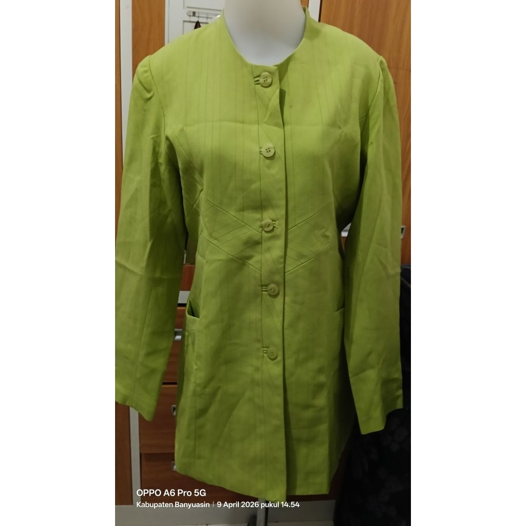 pl Long Blazer kerja/ formal hijau garis berfuring bahan jas Cantik Branded