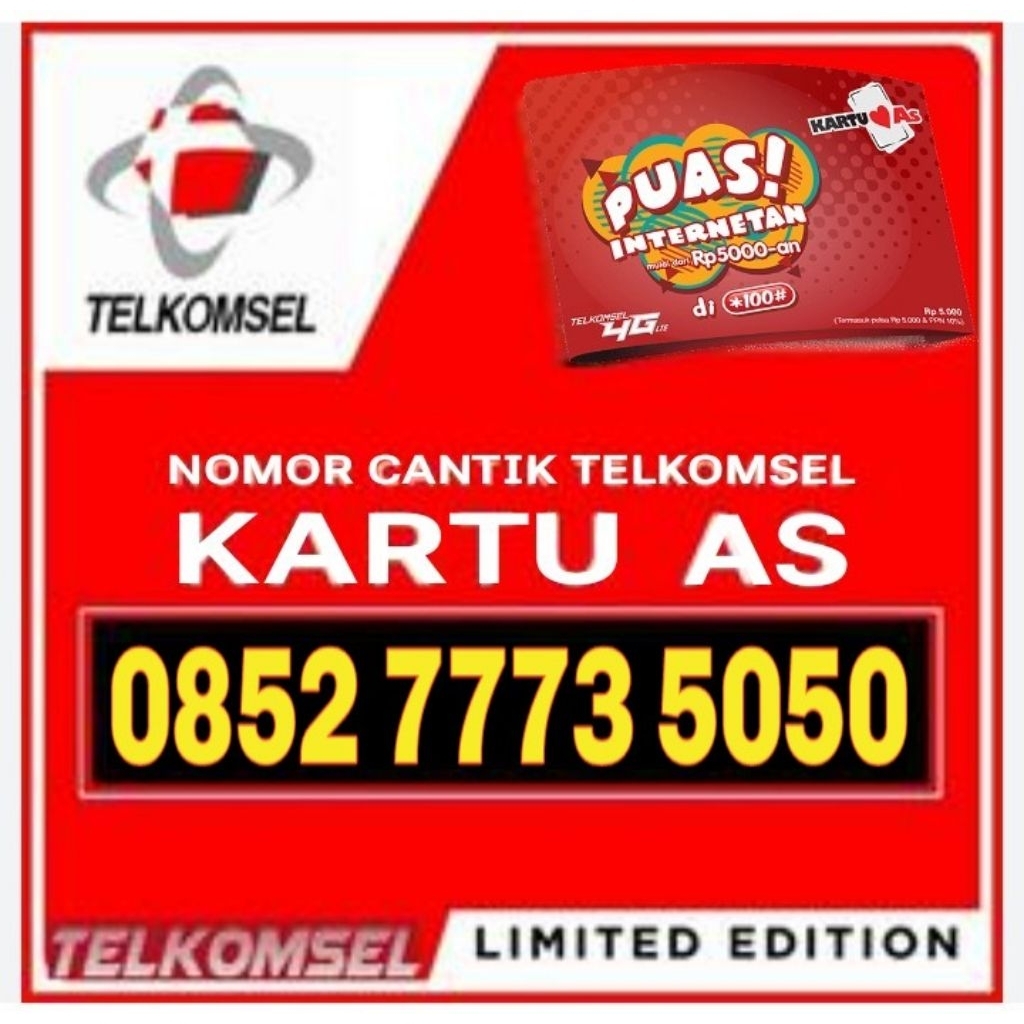 Nomor Cantik Telkomsel AS 4G Lte O852 7773 5050