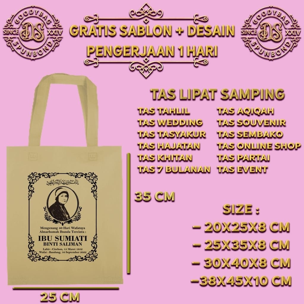 25x35x8cm / tas tahlil / tahlil 7 hari / tahlil 100 hari /tas sablon / tas spunbond custom / tas god