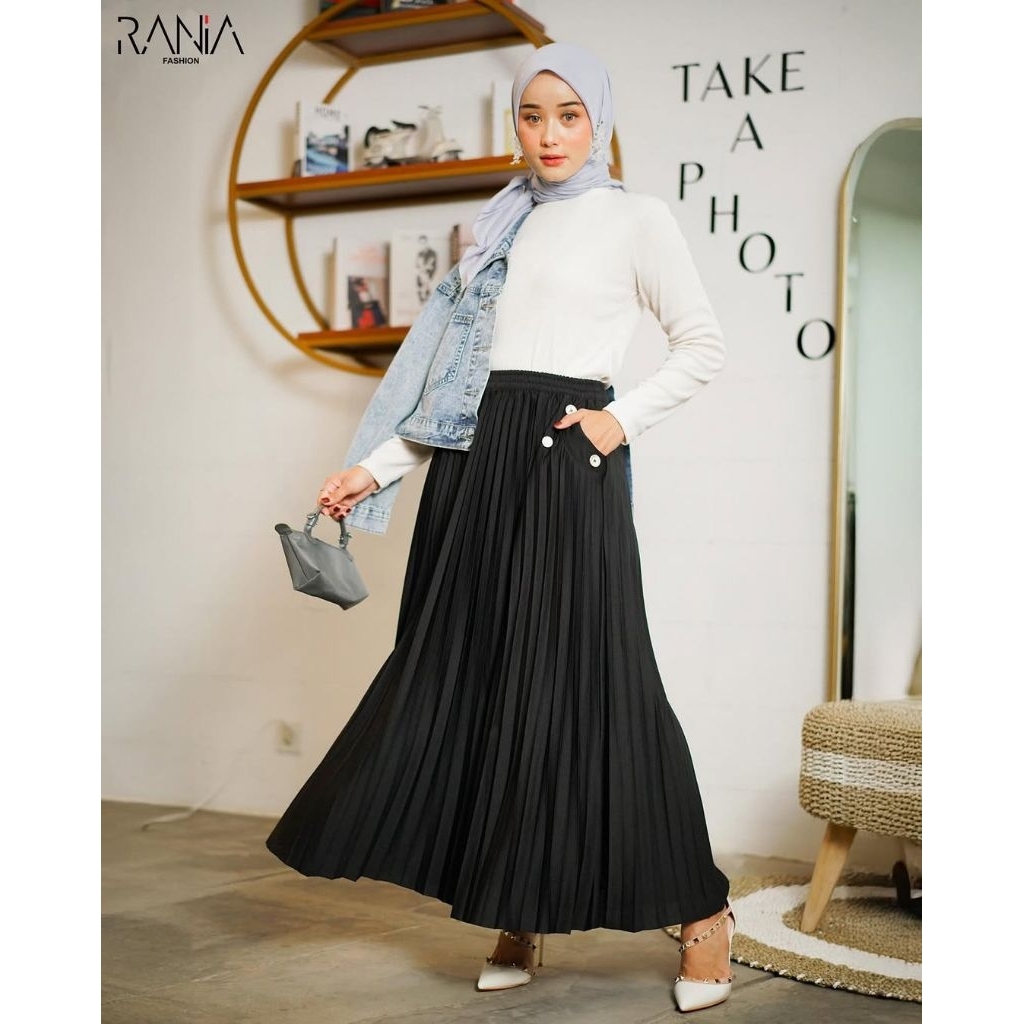 Lishana × Rania Fashion/Rok Plisket Hitam Wanita Premium/Rok Panjang Syar’i Kantong Kancing/Rok Kant