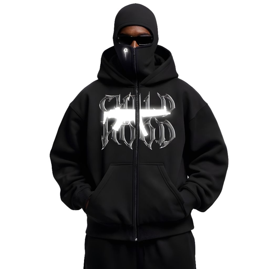 CHILDHOOD Hoodie Balaclava Zipper Reflektif Sablon Nyala Frenemy Jaket Boxy Hitam Pria Wanita