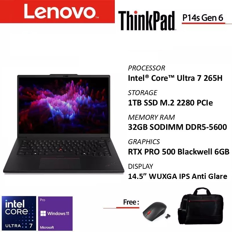 Lenovo ThinkPad P14s Gen 6 Ultra 7 265H 32GB RTX PRO 500 6GB Win11Pro 14.5" Include Asuransi