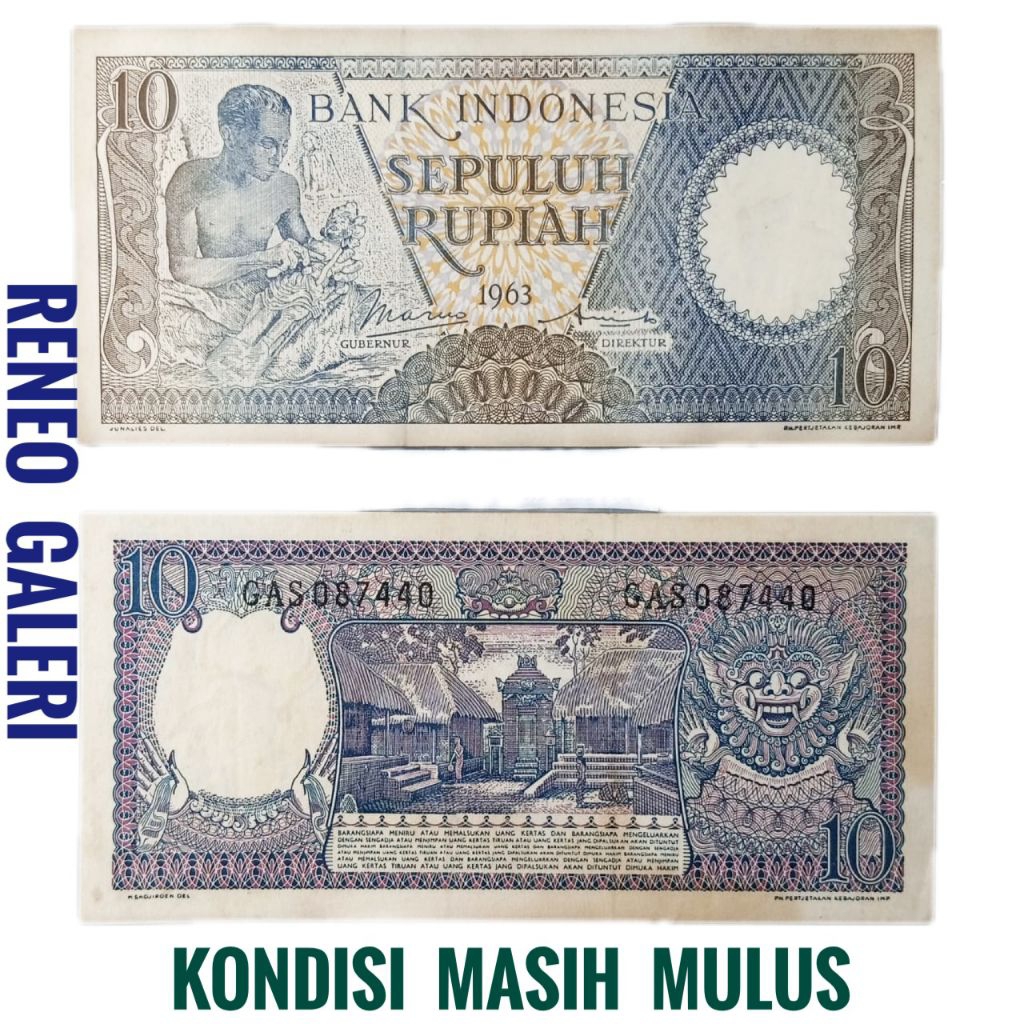 Mulus 10 Rp 1963 tahun Asli rupiah Seri pekerja tangan uang kertas Kuno duit jadul lawas lama antik 