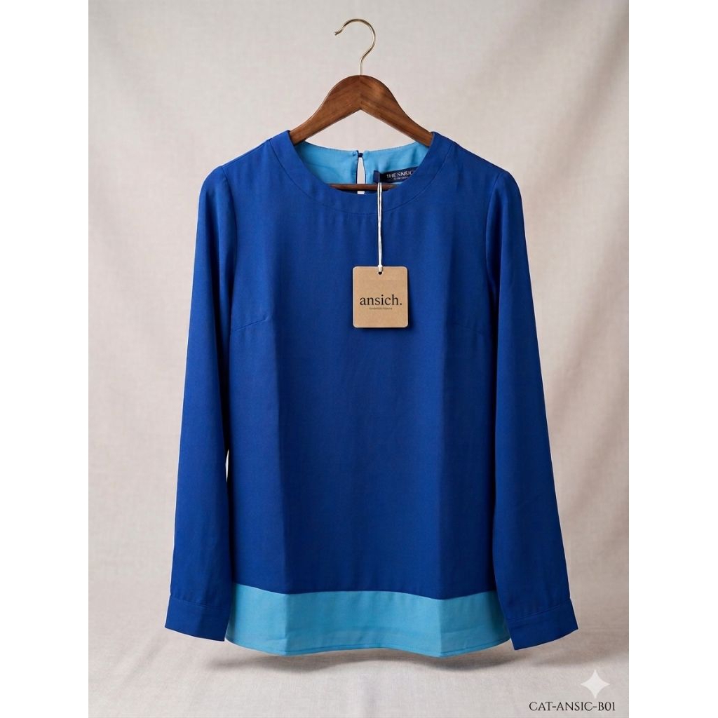 blouse lengan panjang two tone royal blue