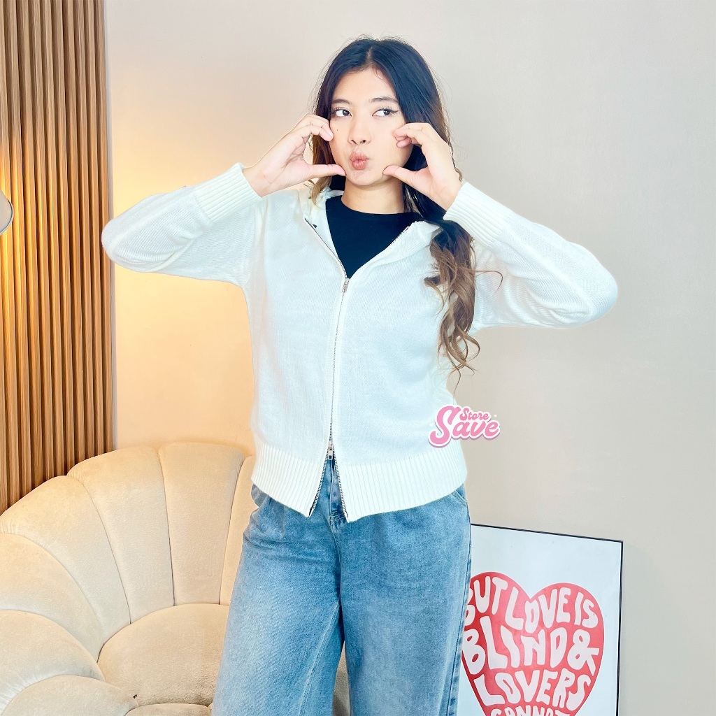 Olive Hoodie Double Zipper  - Atasan Jaket Rajut Wanita