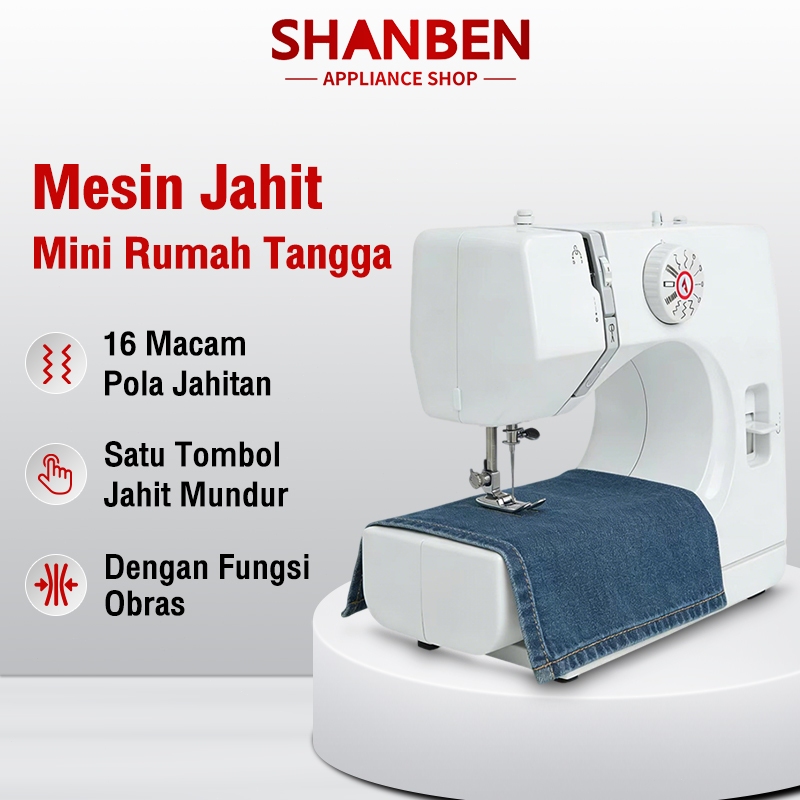 SHANBEN Mesin jahit rumahan, 12 macam pola jahitan, kecil, mini, portabel, dengan fungsi obras