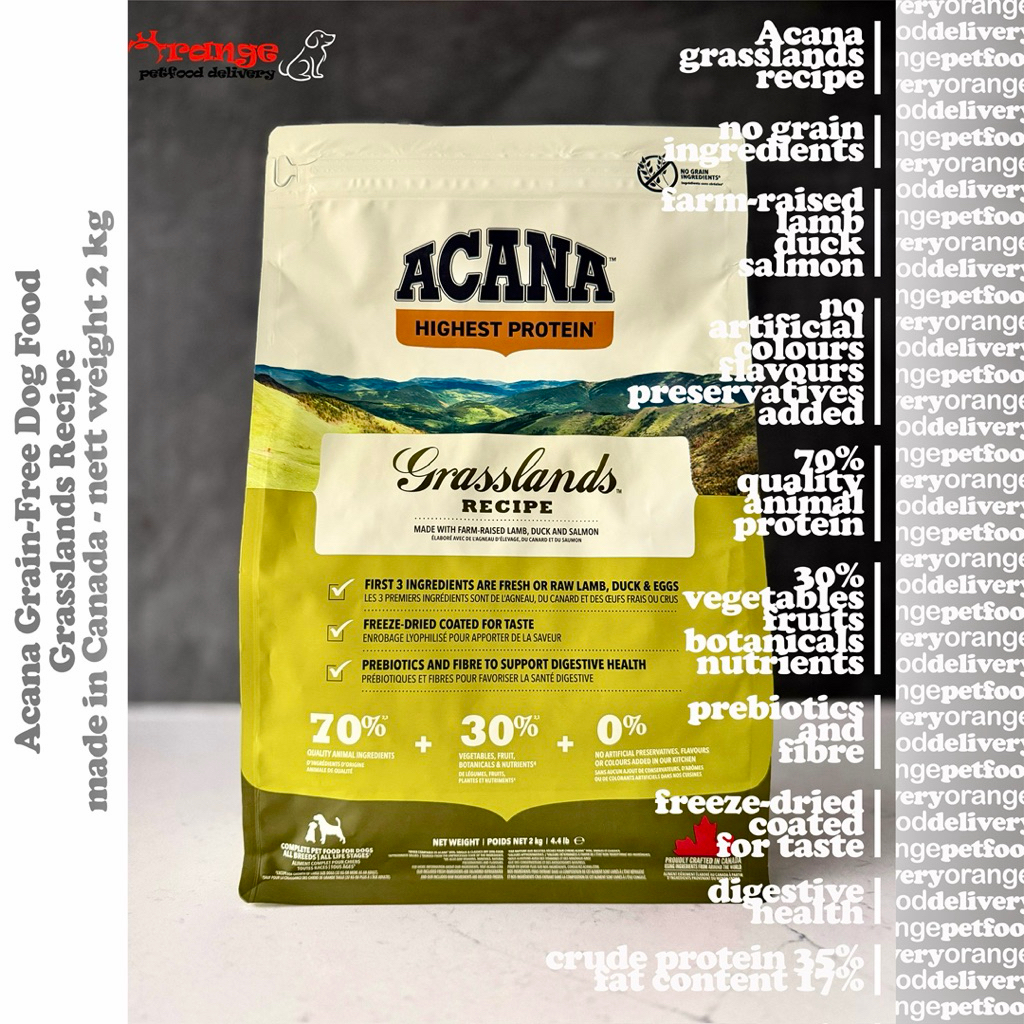 Acana Grasslands Recipe 2 kg with Farm-Raised Lamb, Duck and Salmon Dog Food - Grain Free & Non GMO 