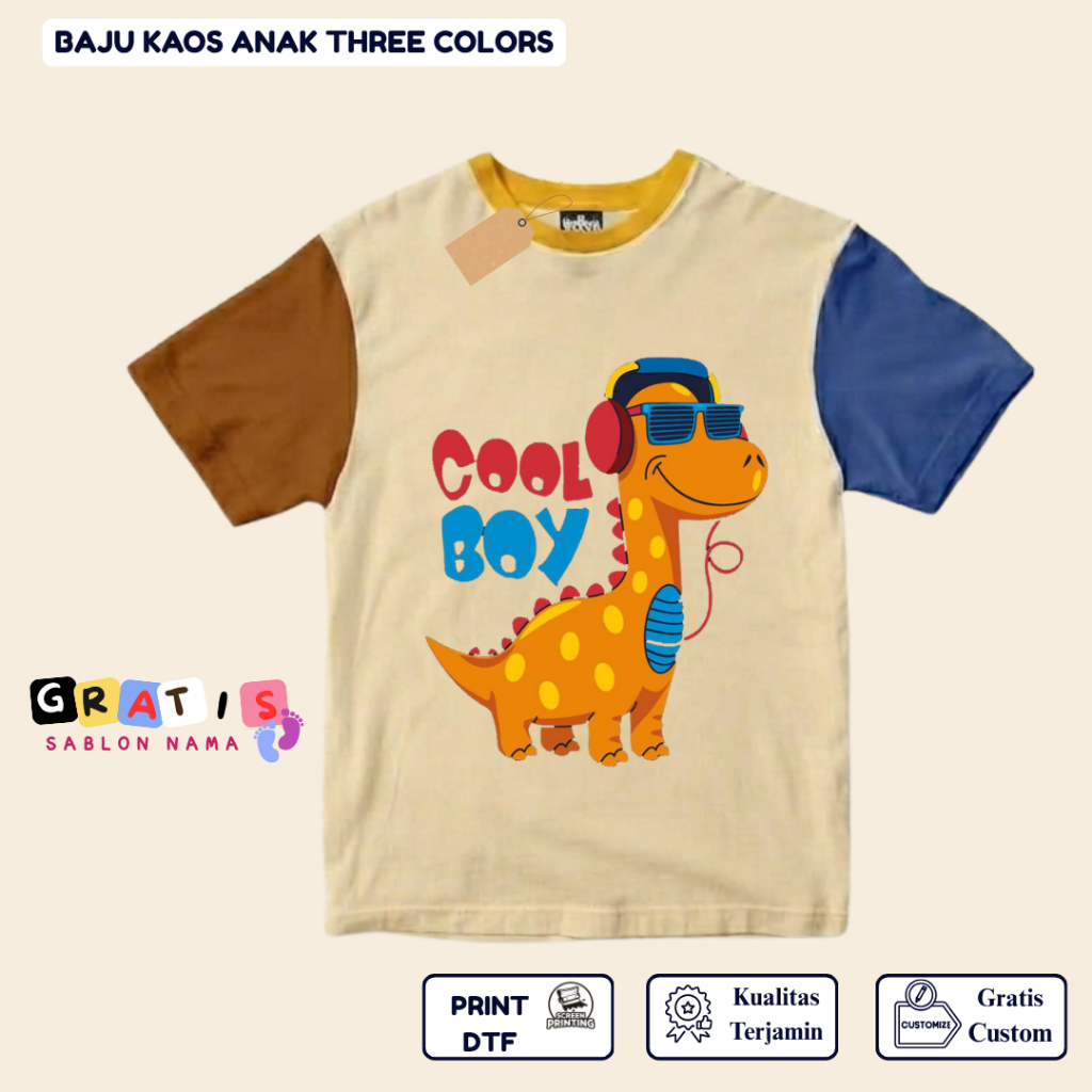 shabira tas  - Kaos Anak Dino COOL BOY  - Kaos Anak Pendek Three Colors Dino - Kaos Anak Sablon Nama