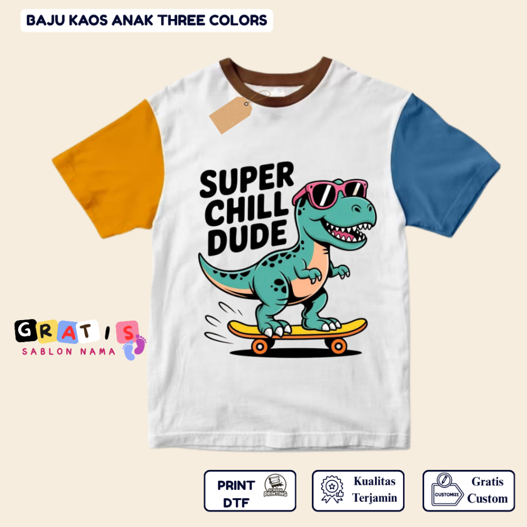 shabira tas  - Kaos Anak Dino SUPERCHILLDUDE  - Kaos Anak Pendek Three Colors Dino - Kaos Anak Sablo