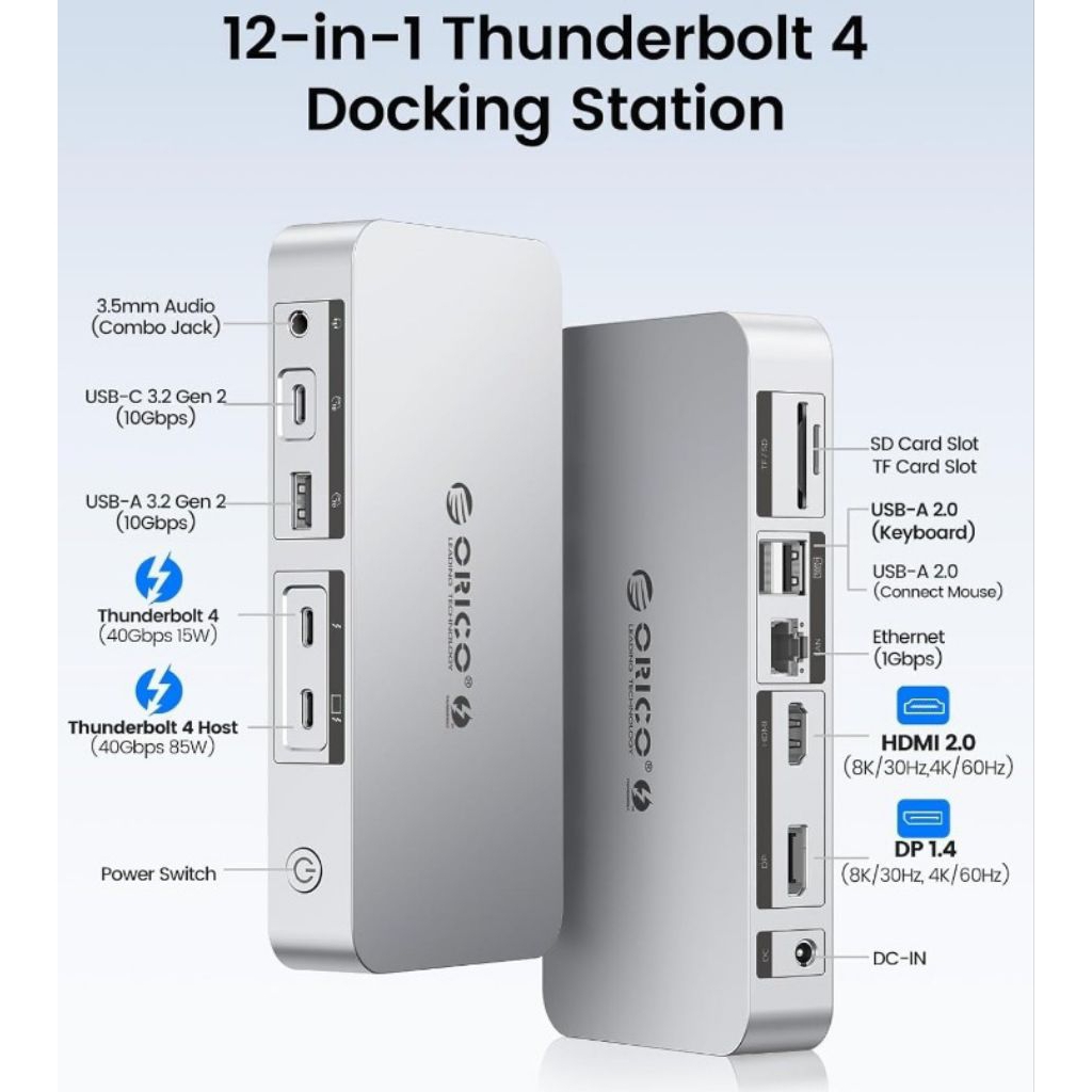 ORICO Thunderbolt 4 Dock,40Gbps 12-in-1 HUB Docking Station Support Single 8K/Dual 4K and Daisy Chai