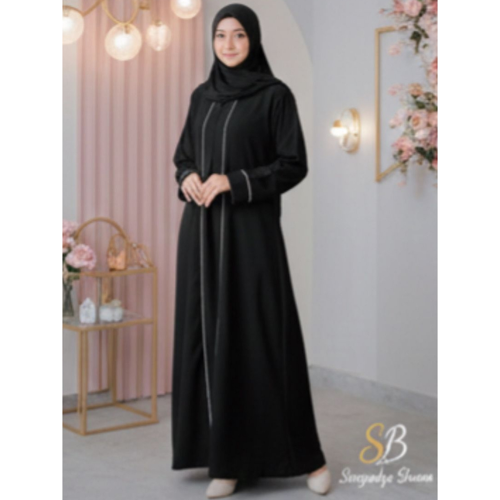 "Abaya Hitam List Putih Premium Wolfis – Gamis Arab Monokrom Busui Friendly Model Terbaru 2026"