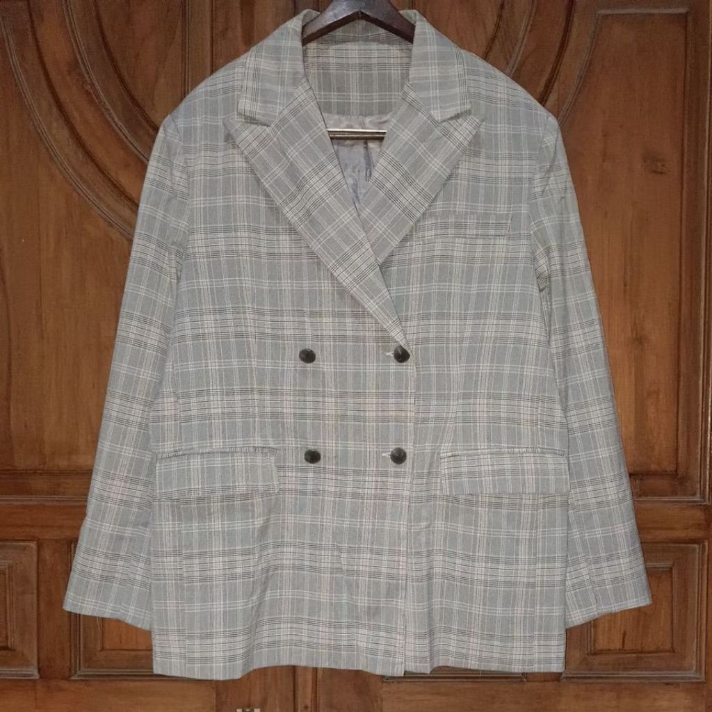 PRELOVED Blazer Formal Slimfit Wanita Tartan Abu Garis Kuning Bigsize LD 116