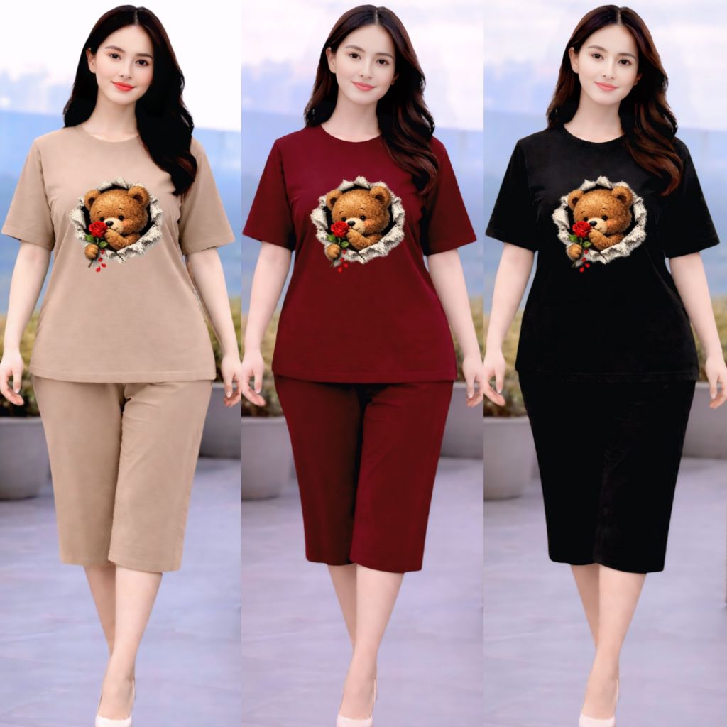 Setelan Kulot Wanita Dewasa oversize Baju santai Kekinian Motif Bear Bunga