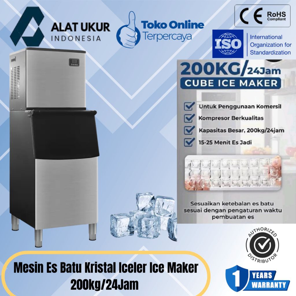 Mesin Es Batu Kristal Iceler Ice Maker 200kg/24Jam untuk Cafe Restoran Cube Ice Maker