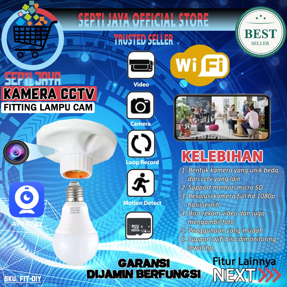 SEPTIJAYA FIT-DIY IP Camera CCTV WiFi 1080P Kamera Fitting Lampu Bulb Holder CCTV Tersembunyi Pengaw