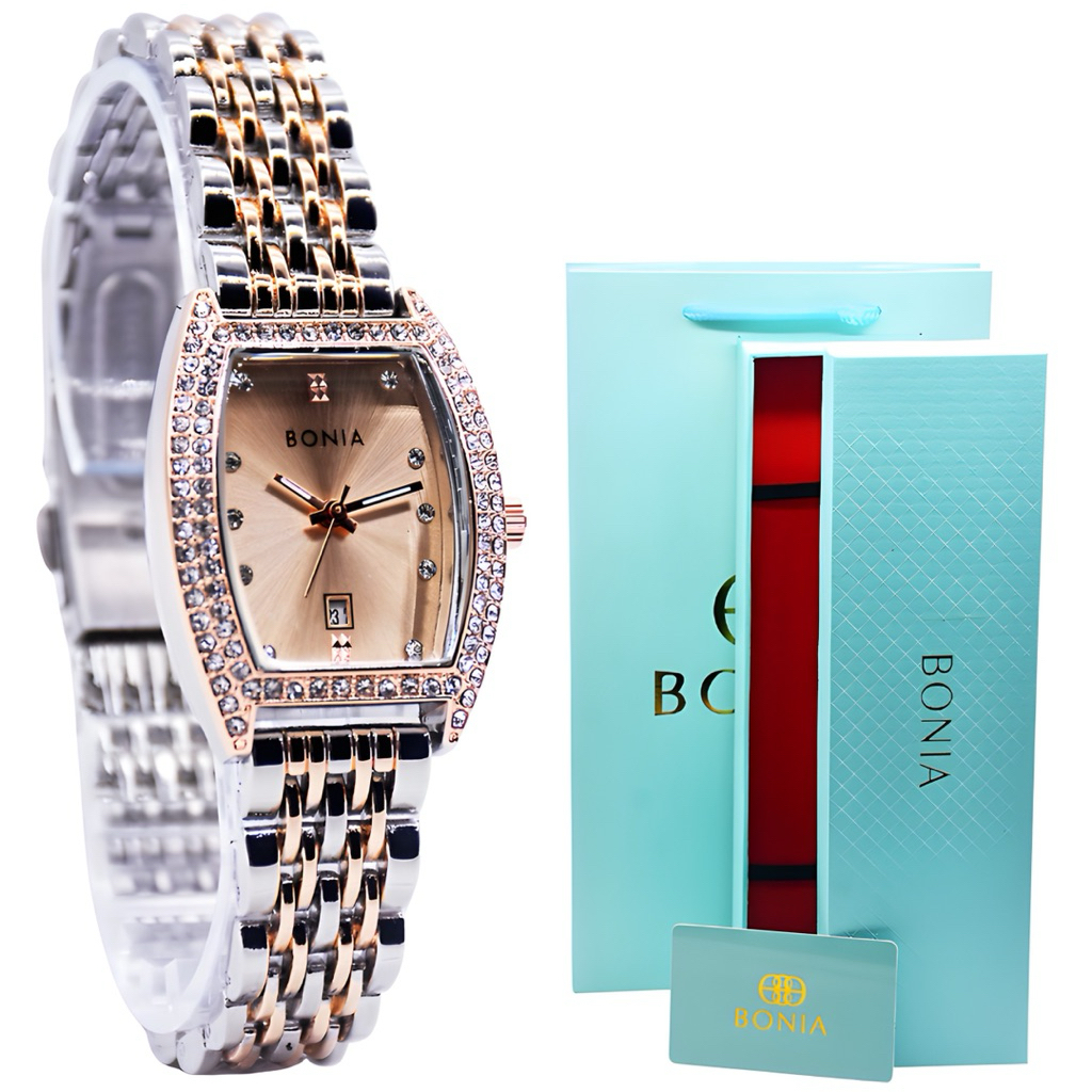 (New Arrival) Bonia Segi Diamond - Jam Tangan Wanita Original Strap Stainless Steel | Date On | Set 