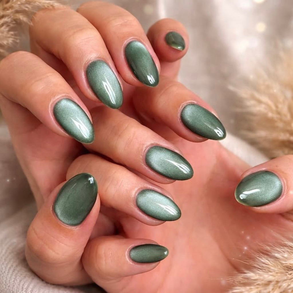 Kuku Palsu Cat Eye Hijau Sage | Press on Nails Sage | Kuku Palsu Cat Eye Sage Green | Weeding Nails 