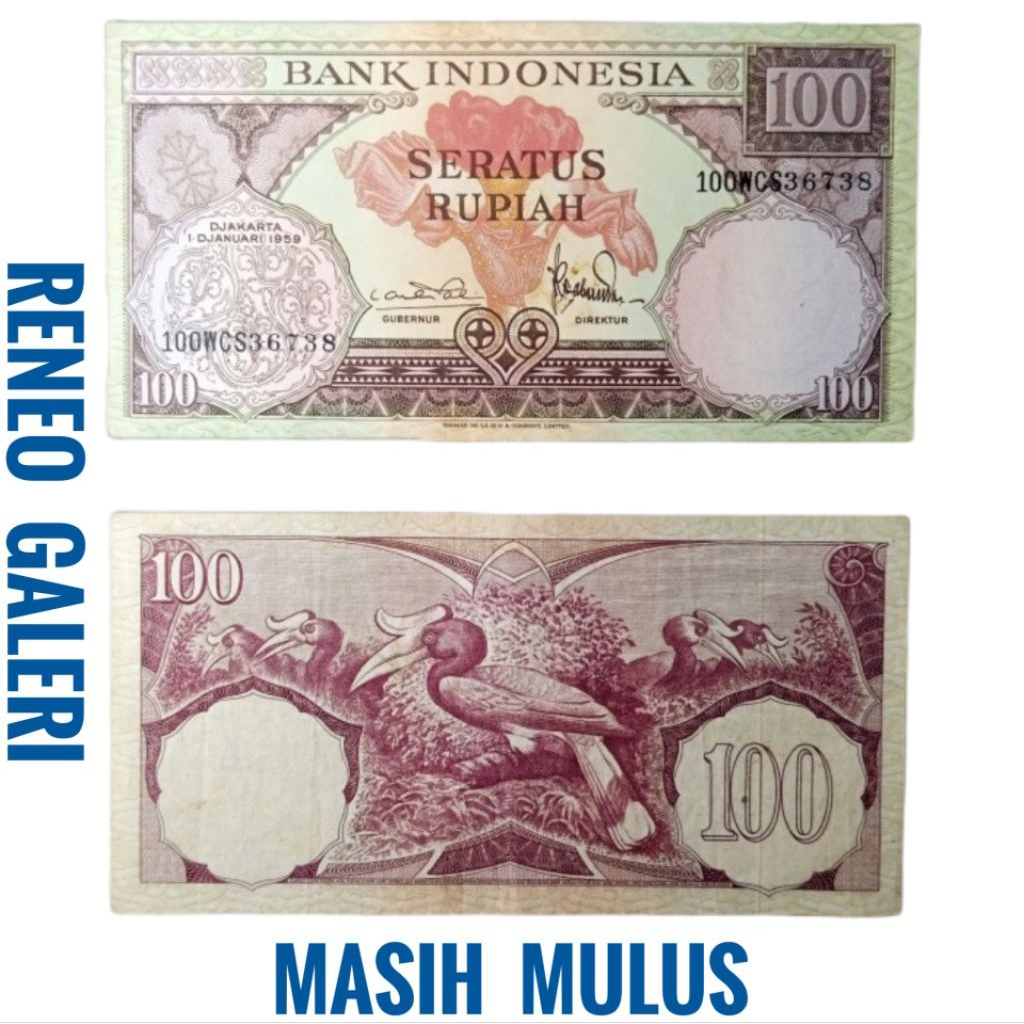 Mulus asli Rp 100 Rupiah Seri Bunga burung tahun 1959 Uang kertas Kuno duit jadul lawas lama origina
