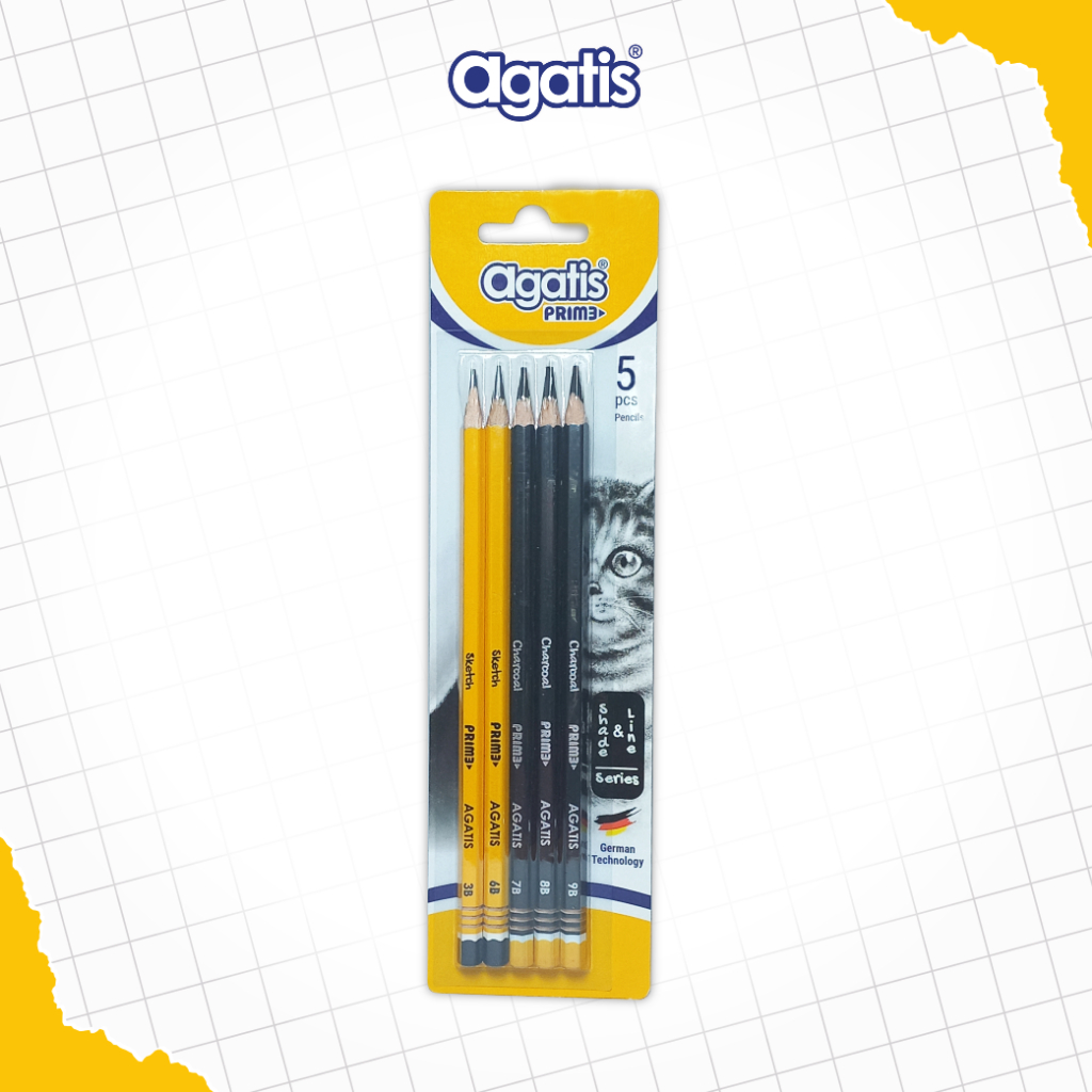 AGATIS Pensil Sketsa set isi 5pcs [Prime Series] Pensil Menggambar Pensil Gradasi 7B, 8B, 9B, Biasa 