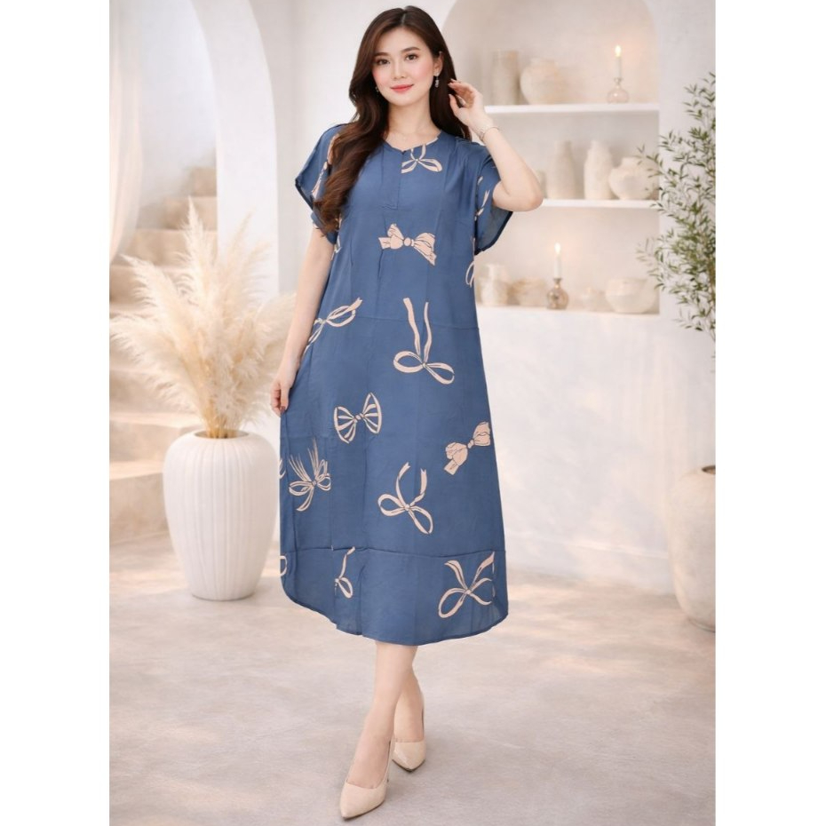 Daster Lowo Jumbo Wanita Lengan Pendek Biru Motif Pita Kasual Panjang