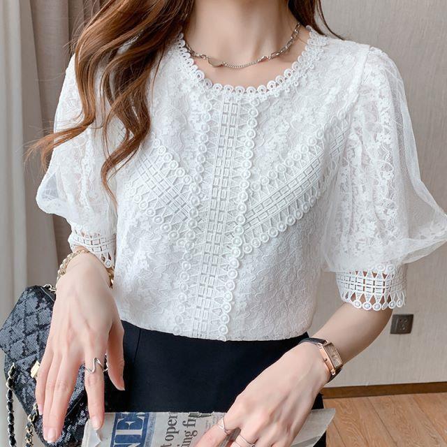 blouse brukat putih wanita korea import T8982