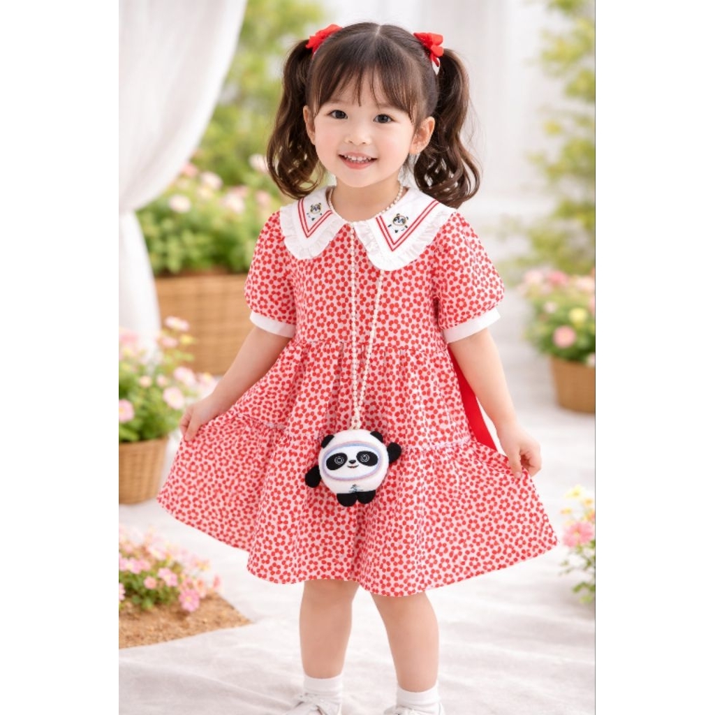 Dress Anak Perempuan dress anak cewek Ceruty Zara Crepe Premium Motif Bunga Merah Putih Gaun Kemerde