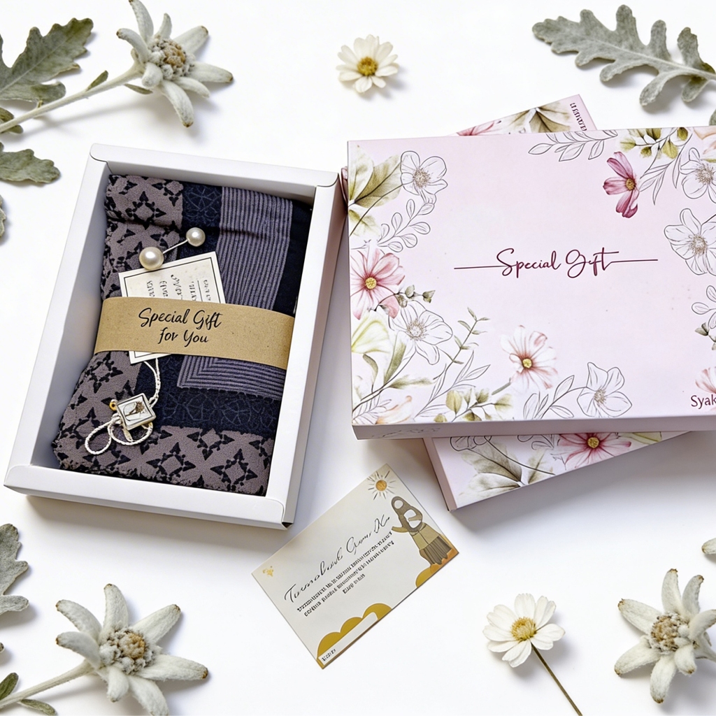 HAMPERS HIJAB SEGI EMPAT SYAR'I MOTIF METAL LOGO POUCH | KADO GURU,WISUDA , WEDDING,LEBARAN,DLL