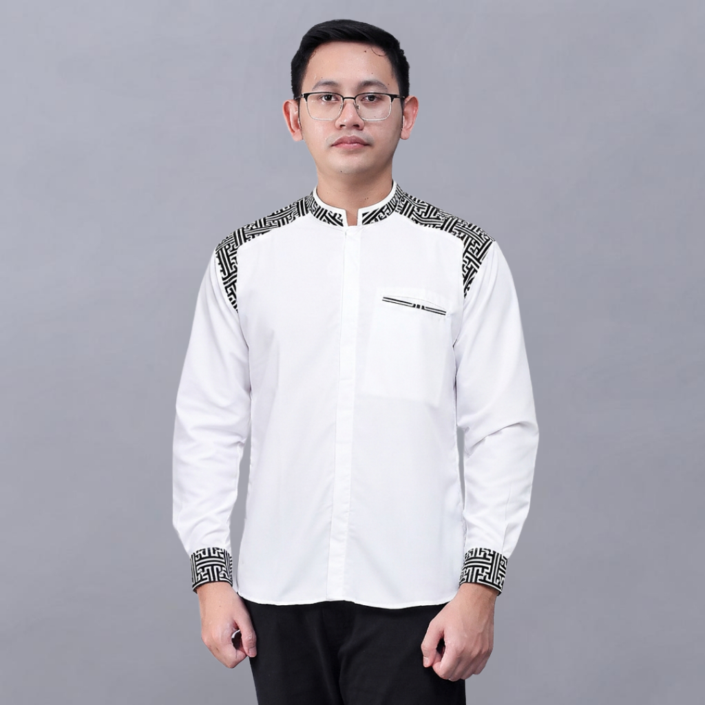 Elrumi Baju Koko Pria Dewasa Lengan Panjang Kombinasi Batik Warna Putih List Hitam Bisa COD